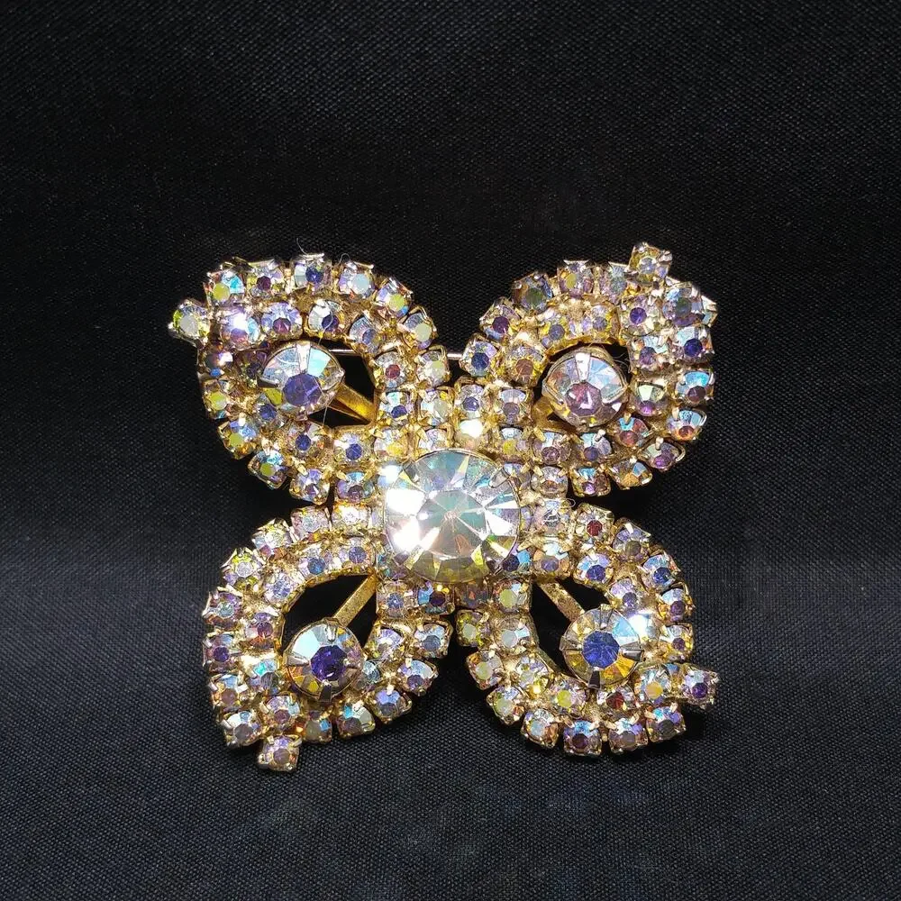 Rhinestones Aurora Borealis Flower Brooch, Gold Plated, 1960s Vintage Jewelry